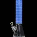 Blue glass bong with a patterned silicone neck and perforated base.