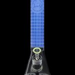 Blue and clear glass water pipe (bong) with a patterned sleeve and protective base.