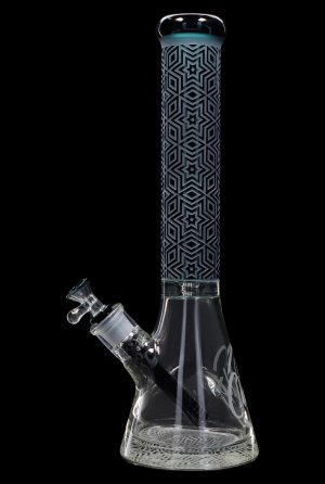 Front view of the Cloud Cali X 15-inch Engraved Thick Base Beaker Water Pipe, displaying a detailed engraved pattern on clear glass.
