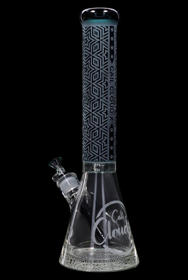 Engraved glass water pipe ("bong") with ice catcher and "Cali Cloud" branding.