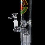 Blue glass water pipe (bong) with intricate percolators and a glass bowl.