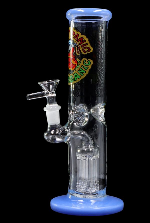 Blue glass water pipe (bong) with intricate percolators and a glass bowl.