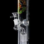 Blue glass bong with dragon decals and multiple diffusion chambers.