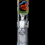 Blue glass water pipe (bong) with intricate percolators and a colorful logo.
