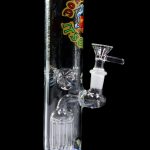Blue glass water pipe with multiple diffusion chambers and a glass bowl.