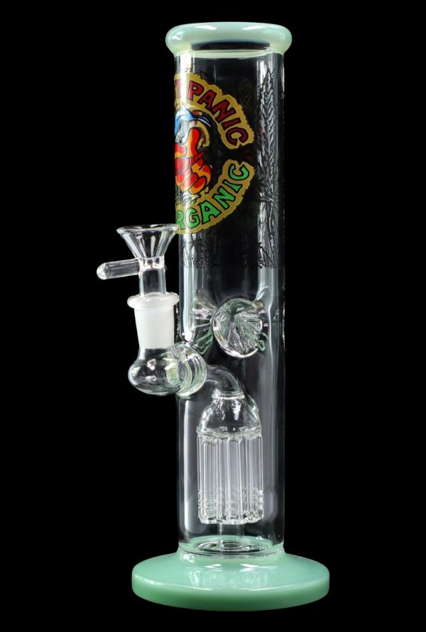 Green glass bong with percolator and branded label against a black background.