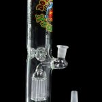 Glass bong with percolator and tattoo-style design.