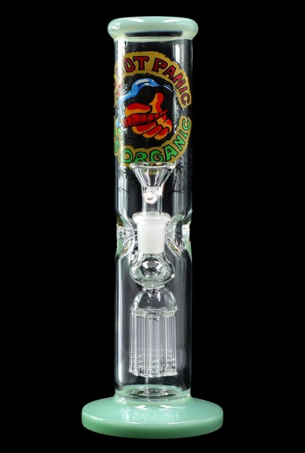 Mint green glass water pipe (bong) with percolators and a “Don’t Panic” branded decal.