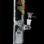 Green glass bong with percolator and graphic design.