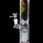 Pink glass bong with intricate bubbler and removable bowl.