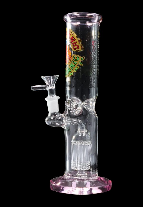 Pink glass bong with intricate bubbler and removable bowl.