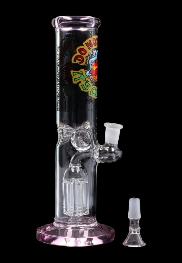 Pink glass water pipe with ice chamber and detachable downstem.