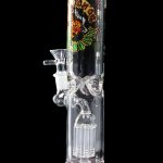 Glass water pipe (bong) with colorful dragon tattoo design.