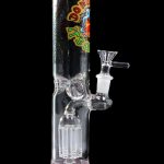 Pink glass water pipe with diffusion perc and graphic design.