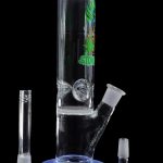 Blue glass water pipe (bong) with ice catcher and accompanying glass downstem and bowl, against a black background.