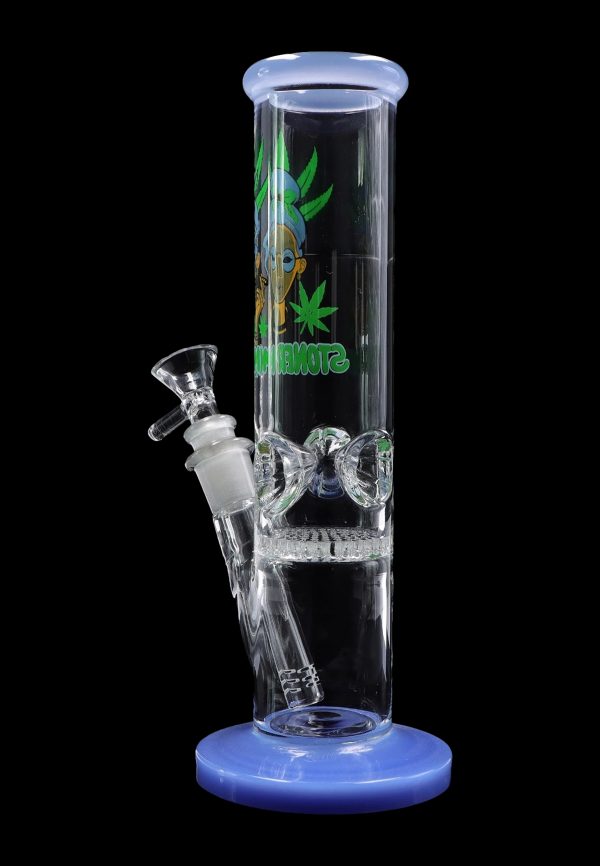 Blue glass water pipe with cannabis leaf graphics.