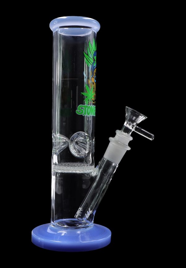 Blue glass water pipe (bong) with ice catcher and clear glass bowl.