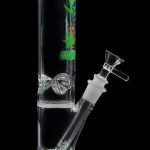Green glass water pipe (bong) with ice catch and cannabis leaf design.