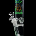 Mint green glass bong with colorful cartoon illustration and ice catcher perc.