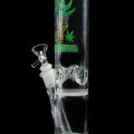 Green glass bong with percolator and cannabis-themed graphic.