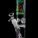 Pink glass water pipe with cannabis leaf and portrait graphics, and detachable downstem.