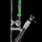 Glass water pipe (bong) with cannabis leaf graphics and ice catcher.