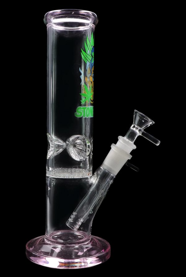 Glass water pipe (bong) with cannabis leaf graphics and ice catcher.