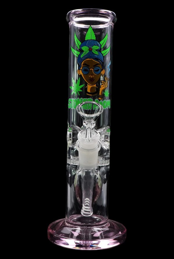 Glass water pipe (bong) with colorful cartoon graphics and a glass bowl.