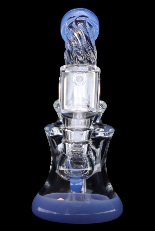 Blue glass dab rig with intricate percolator design.