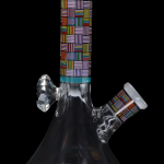 Glass bong with colorful geometric pattern and ice catcher.