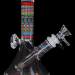 A glass bong with colorful geometric patterns and ice catch, set against a black background.