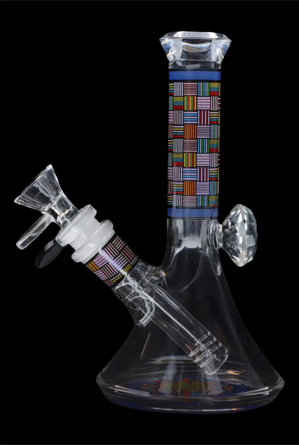 Glass water pipe (bong) with colorful geometric patterns against a black background.
