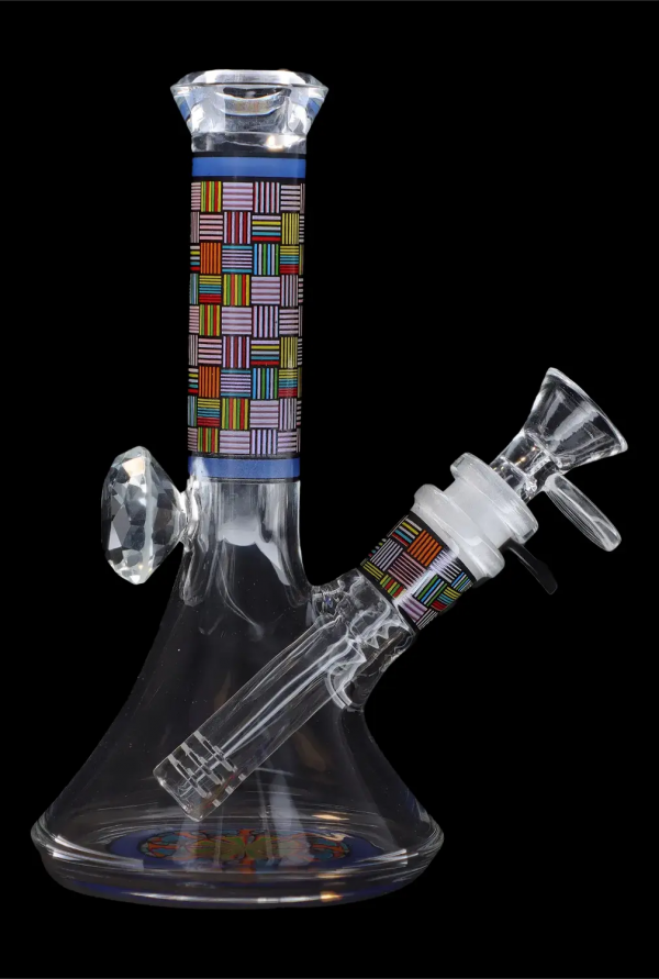 Colorful glass bong with patterned accents.