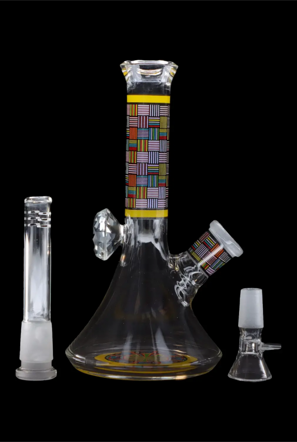 Glass bong with colorful patterned accents and accompanying downstem and bowl.