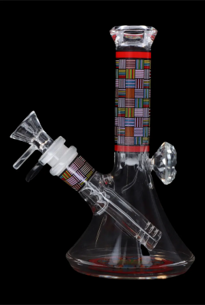 Glass water pipe with colorful geometric patterns and clear glass accents, against a black background.