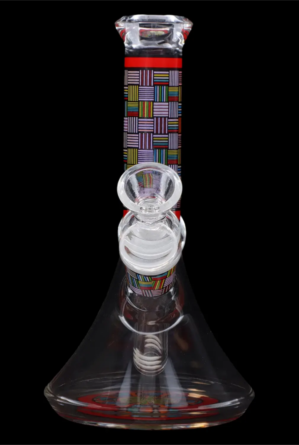Glass bong with colorful geometric patterns and percolators, isolated on a black background.