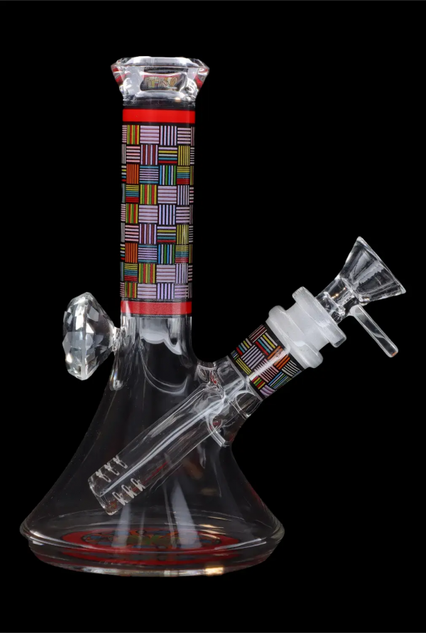 A colorful glass water pipe (bong) with a flared base and clear glass accents.