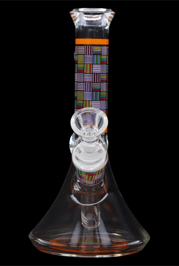 Glass water pipe (bong) with colorful geometric patterns and a clear glass bowl.