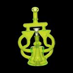 Green glass dab rig with intricate looping design.