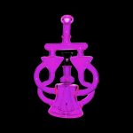 Neon purple glass dab rig with intricate looping design.