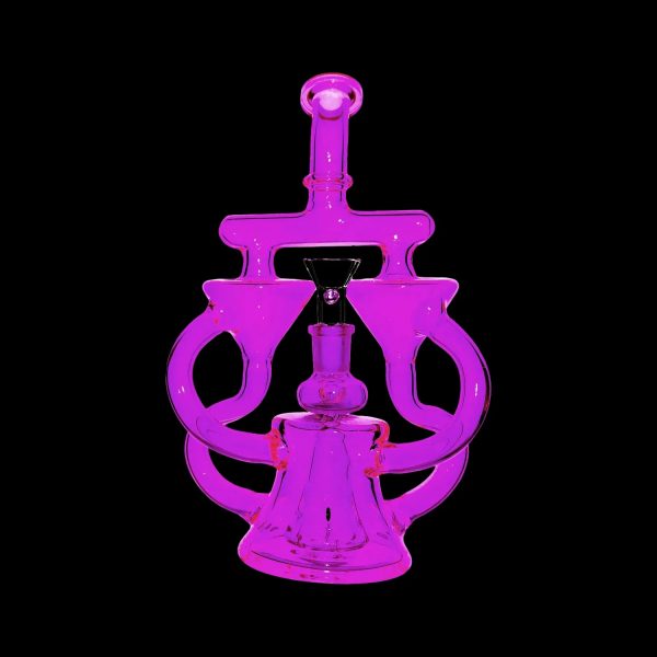 Neon purple glass dab rig with intricate looping design.