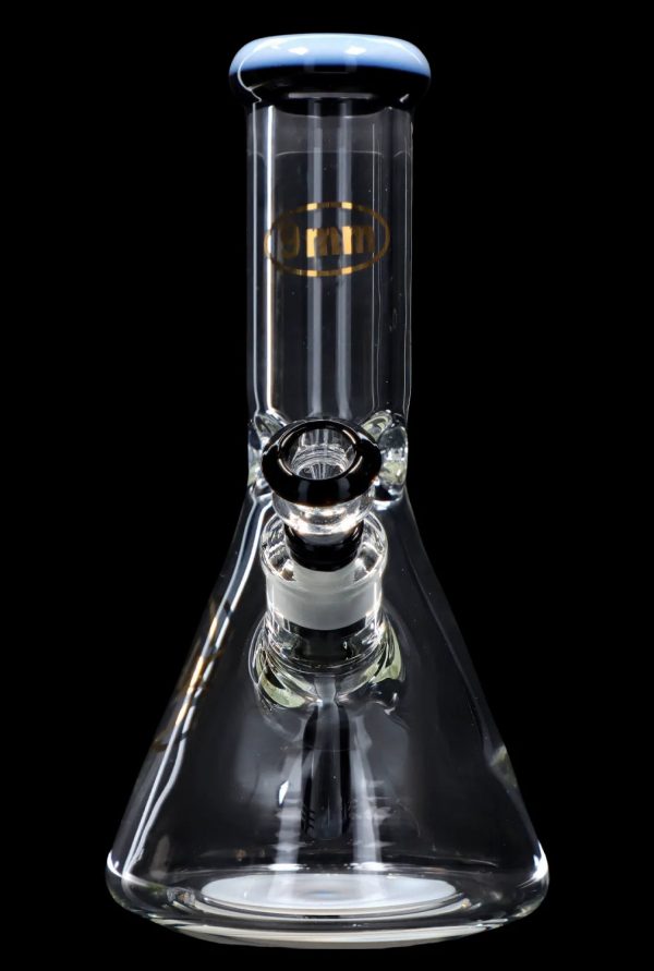 Clear glass bong with blue accents, isolated on a black background.