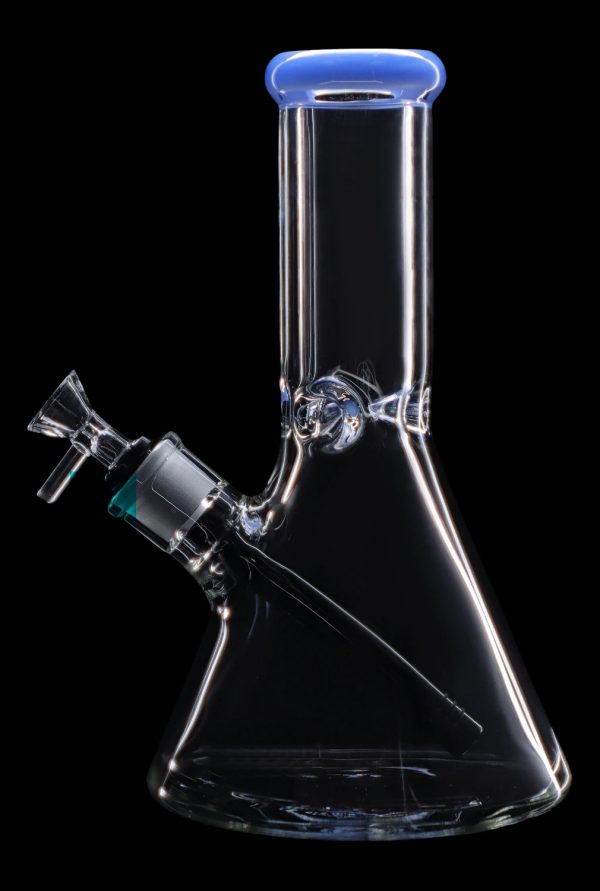 Glass bong with blue accents against a black background.