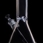 Clear glass bong with blue accents against a black background.