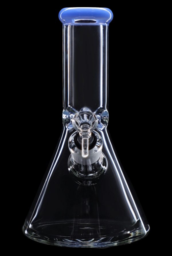 Clear glass bong with blue accents, isolated on black.