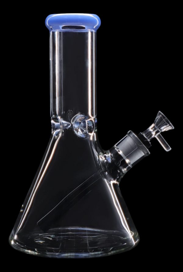 Clear glass beaker bong with blue accents, isolated on a black background.