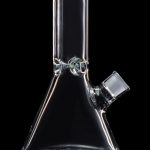 Clear glass bong with green accents against a black background.