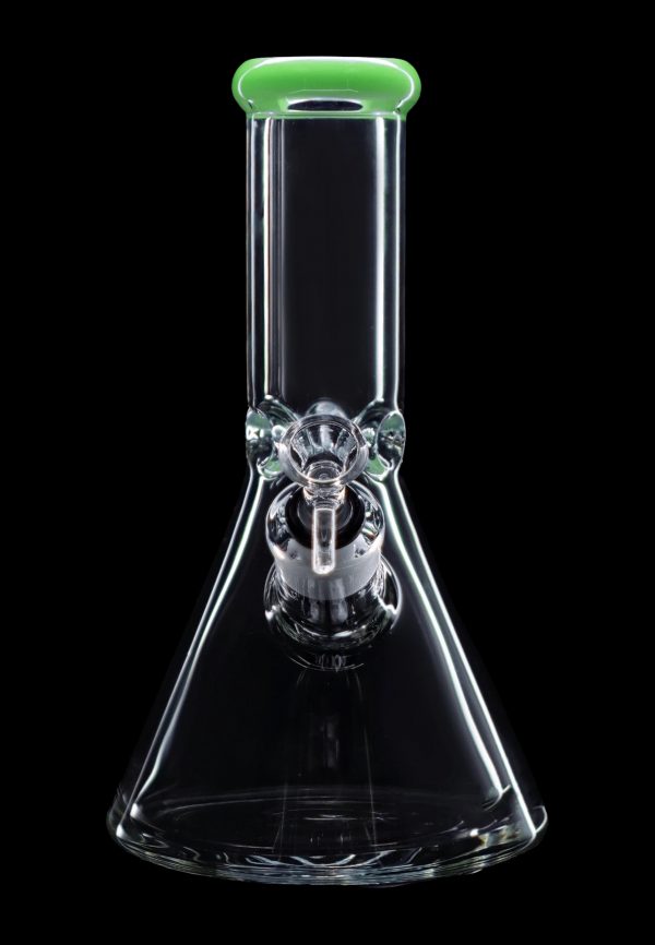 Clear glass bong with a green rim and ice catcher, isolated on black.