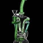 Green glass water pipe (rig) with intricate branching percolators, isolated on a black background.