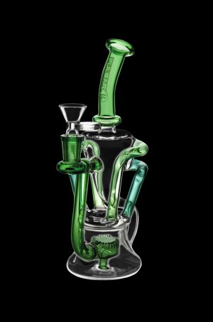 Green glass water pipe (rig) with intricate branching percolators, isolated on a black background.